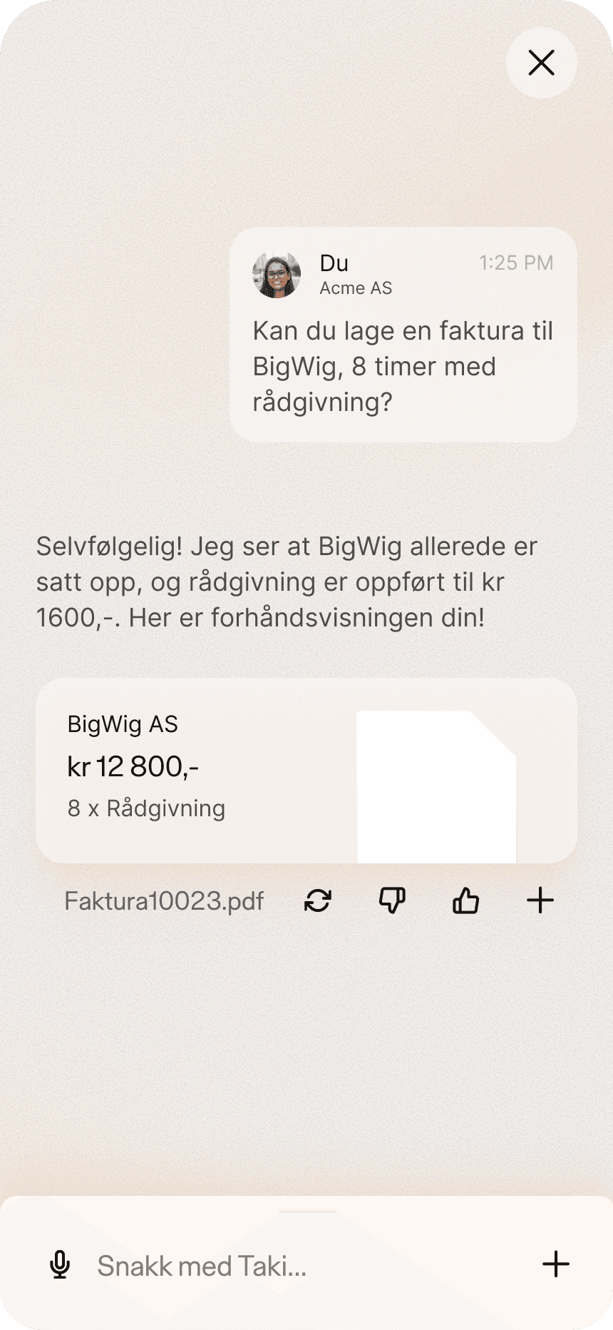 Taki som lager en faktura ut fra én setning: chat-forhåndsvisning med linjeposter, total og PDF-en klar til å sendes.
